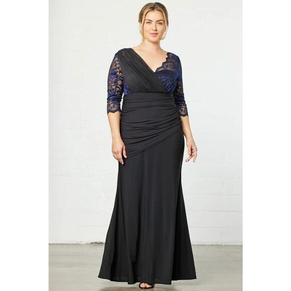 Kiyonna Dress 1X Maxi Blue Blac Soiree Style Formal Gown MOB Gala Violet Noir - Picture 1 of 5